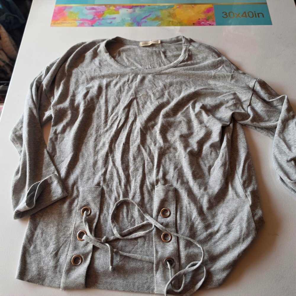 Pebble and Stone Womens Gray Lace Up Grommet Front Long Sleeve Top Small
